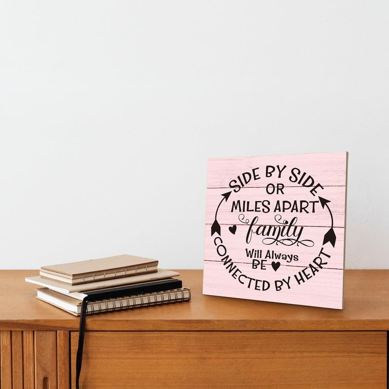 SUSZDOU Family Sign, “Side by Side or Miles Apart, Family Will Always Be Connected by Heart”, Wooden Plaque Table Art Sign 6.2x6.2 Inch, Farmhouse Room Decor, Long Distance Gift for Loved Ones G - Image 4